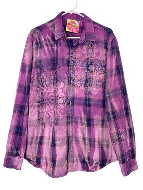 Upcycled Floral Flannel Shirt Me s Size Large OOAK Handmade Button Down Mandala